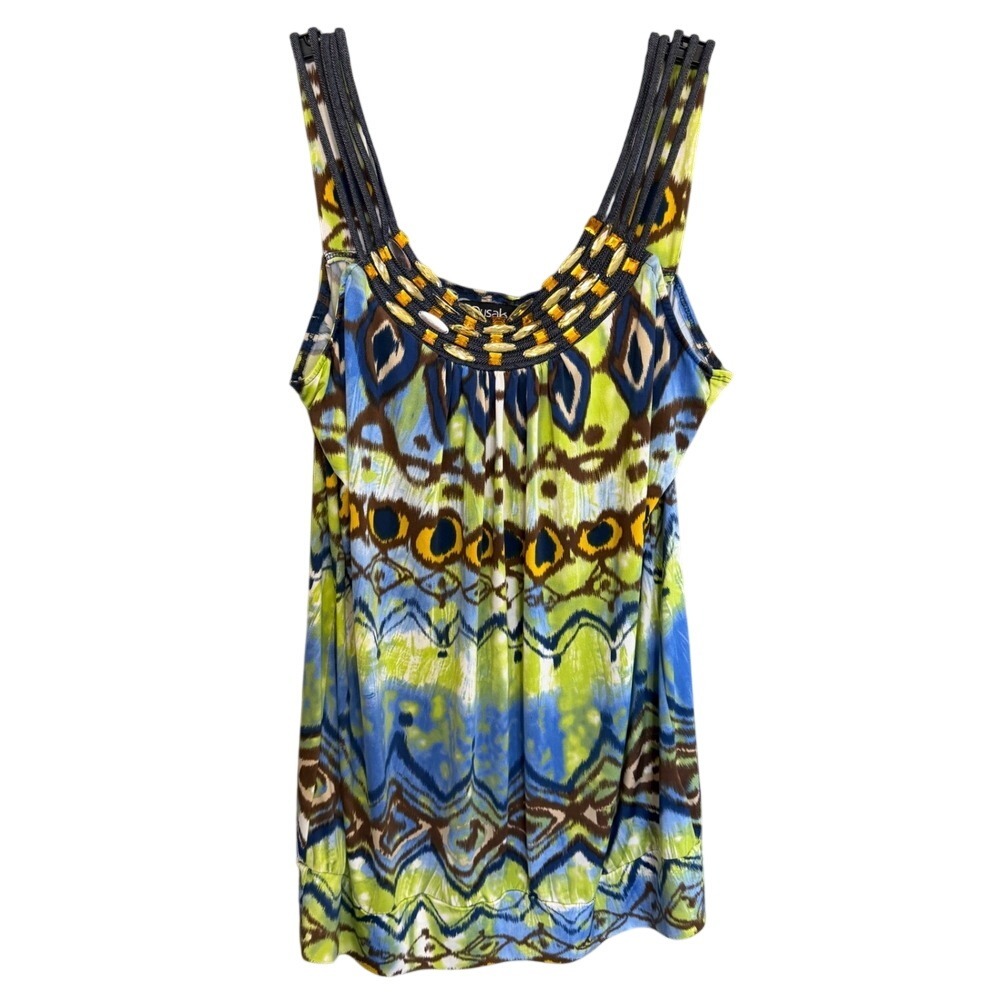 Boho Festival Ikat Dusak Designs Tank Top‎ Blue Green Ikat Embellished  Large